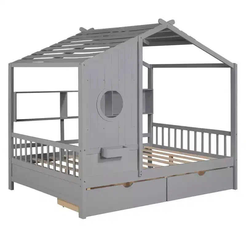 Lit cabane en bois avec 2 tiroirs et étagère de rangement pour enfants, gris