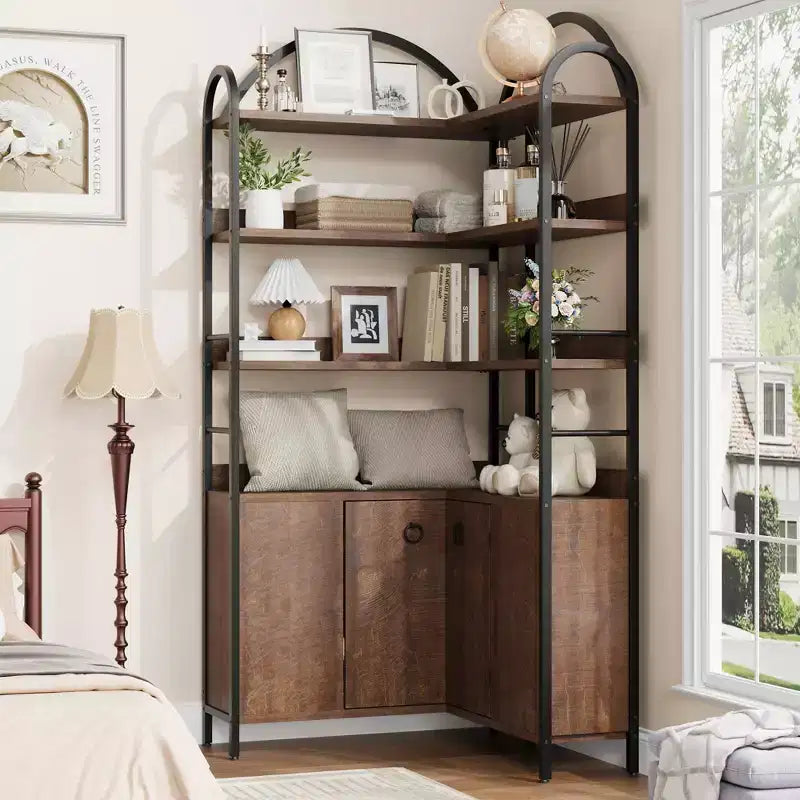 Bibliothèque d'angle arquée de 74,5 pouces de haut avec armoire, bibliothèque de rangement autoportante avec pieds réglables et kit anti-basculement pour bureau, salon