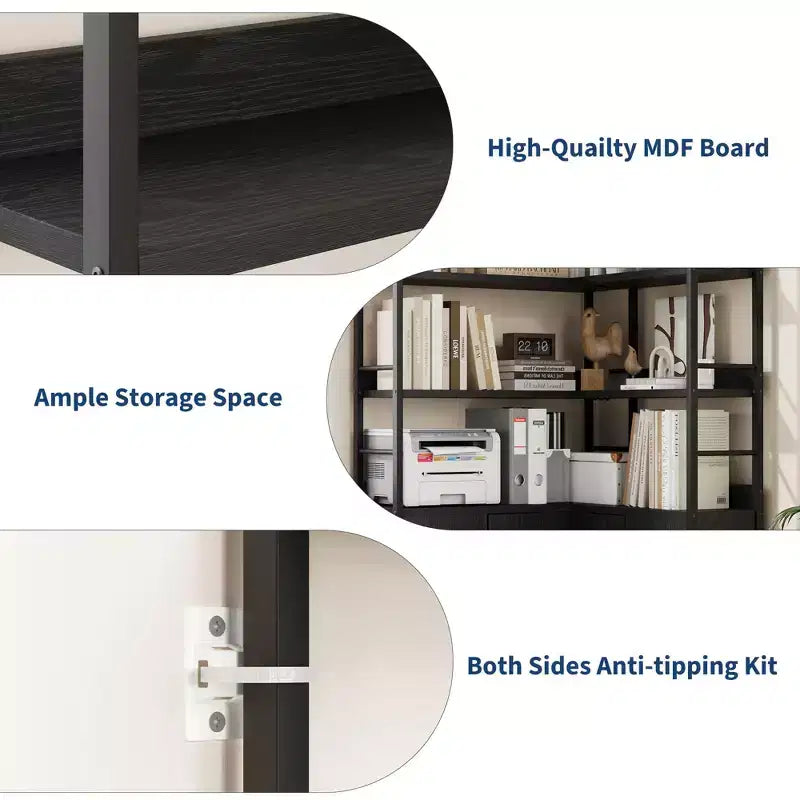Bibliothèque d'angle arquée de 74,5 pouces de haut avec armoire, bibliothèque de rangement autoportante avec pieds réglables et kit anti-basculement pour bureau, salon