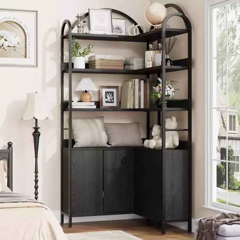 Bibliothèque d'angle arquée de 74,5 pouces de haut avec armoire, bibliothèque de rangement autoportante avec pieds réglables et kit anti-basculement pour bureau, salon
