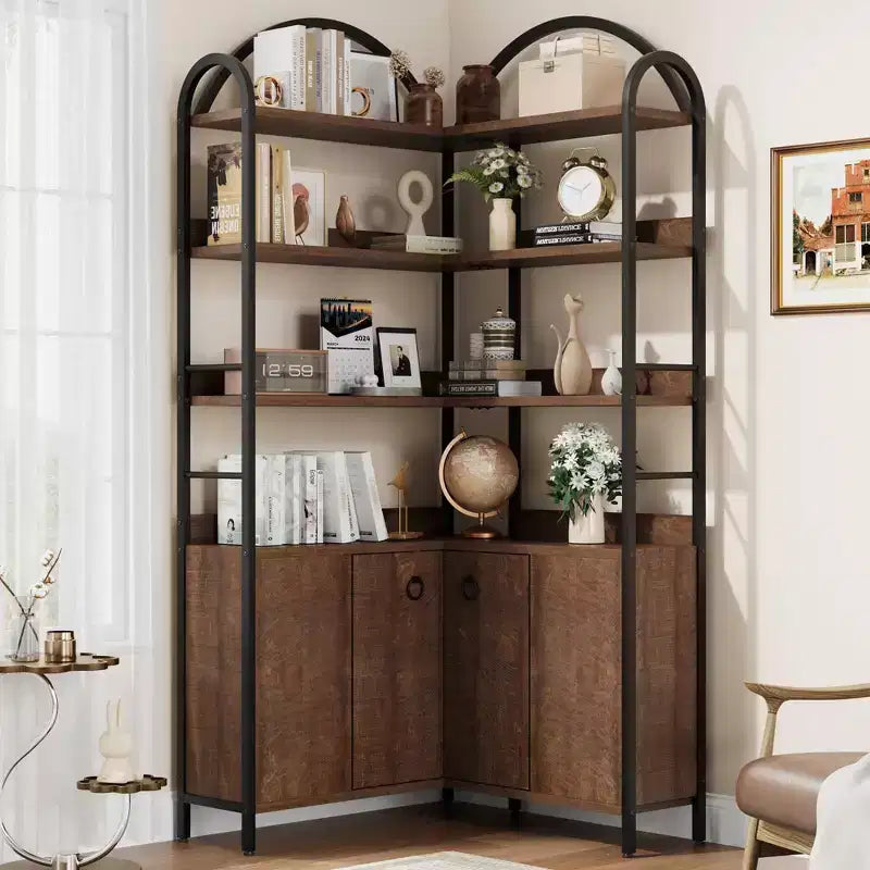 Bibliothèque d'angle arquée de 74,5 pouces de haut avec armoire, bibliothèque de rangement autoportante avec pieds réglables et kit anti-basculement pour bureau, salon