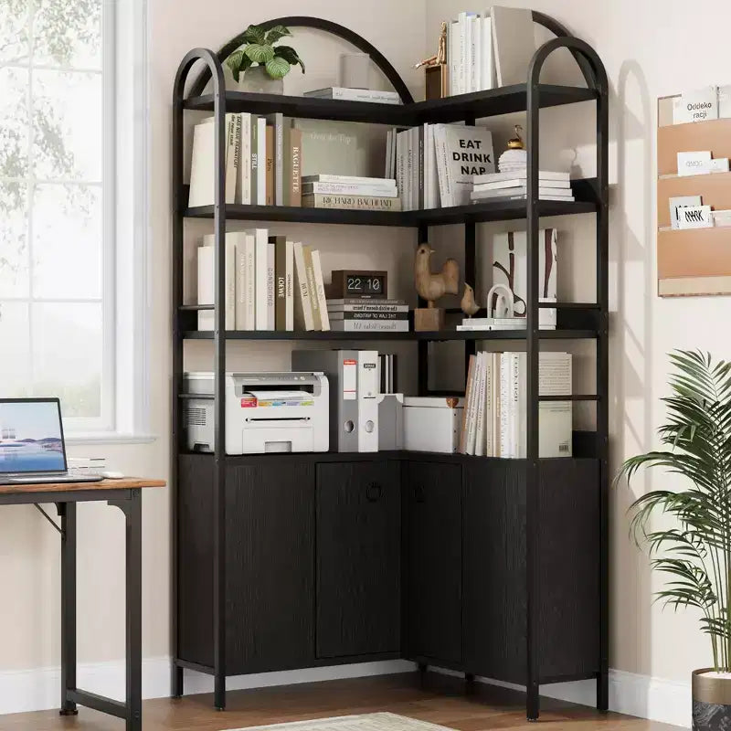 74.5 Tall Arched Corner Bookshelf with Cabinet,Freestanding Storage Bookcase with Adjustable Feet & Anti-Tip Kit for Office, Living Room