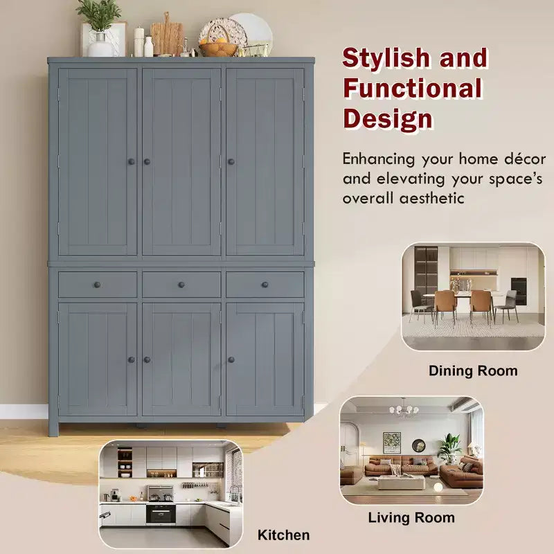 Garde-manger de cuisine autoportant de 74,8H, Armoire de rangement de style ferme avec étagères de porte, étagères réglables, plateaux coulissants et tiroirs - ModernLuxe
