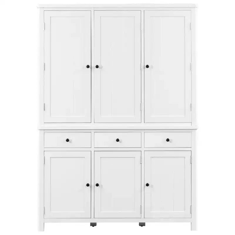 Garde-manger de cuisine autoportant de 74,8H, Armoire de rangement de style ferme avec étagères de porte, étagères réglables, plateaux coulissants et tiroirs - ModernLuxe