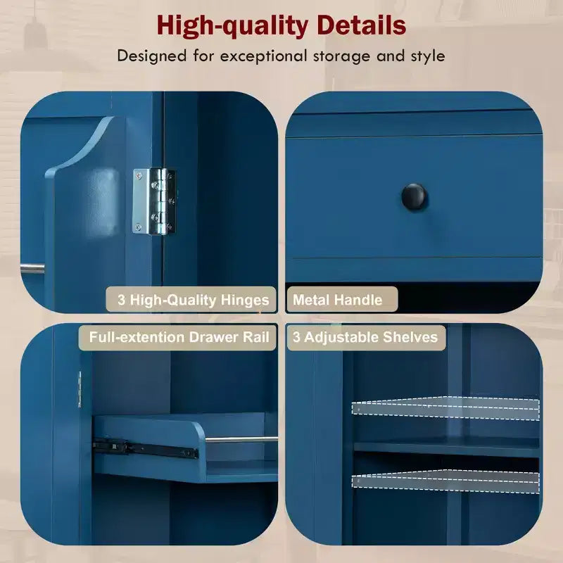 Garde-manger de cuisine autoportant de 74,8H, Armoire de rangement de style ferme avec étagères de porte, étagères réglables, plateaux coulissants et tiroirs - ModernLuxe