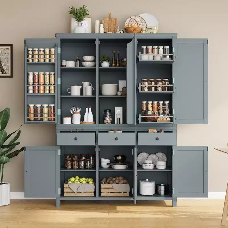 Garde-manger de cuisine autoportant de 74,8H, Armoire de rangement de style ferme avec étagères de porte, étagères réglables, plateaux coulissants et tiroirs - ModernLuxe