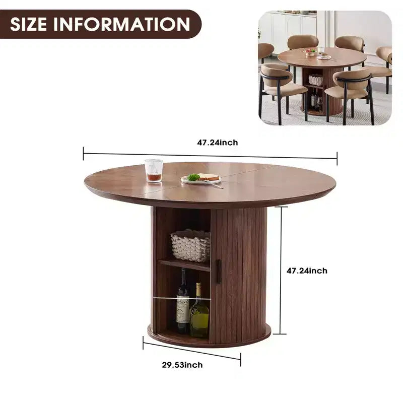Table à manger ronde avec étagères de rangement à 2 niveaux, Table en bois avec portes coulissantes, Grande table de rangement pour cuisine et salon