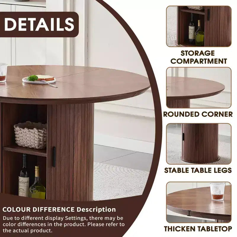 Table à manger ronde avec étagères de rangement à 2 niveaux, Table en bois avec portes coulissantes, Grande table de rangement pour cuisine et salon