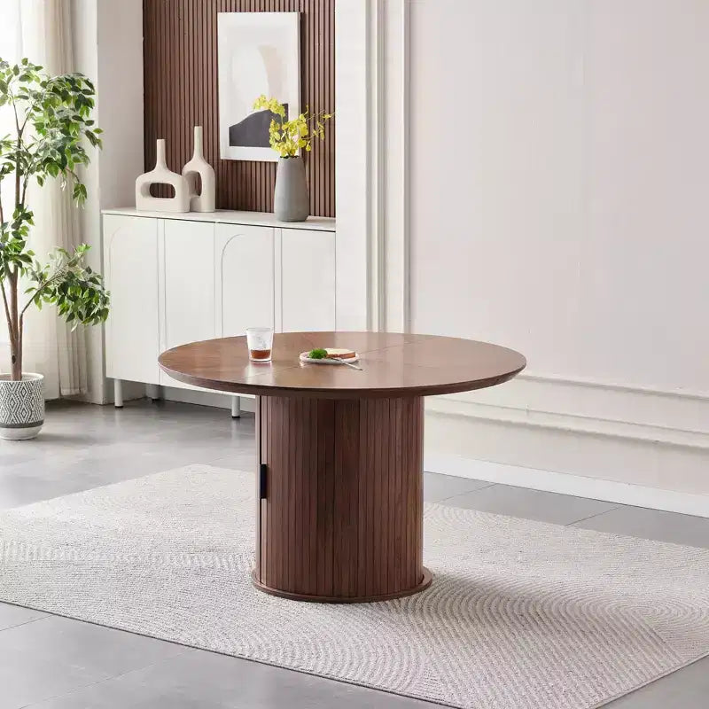 Table à manger ronde avec étagères de rangement à 2 niveaux, Table en bois avec portes coulissantes, Grande table de rangement pour cuisine et salon
