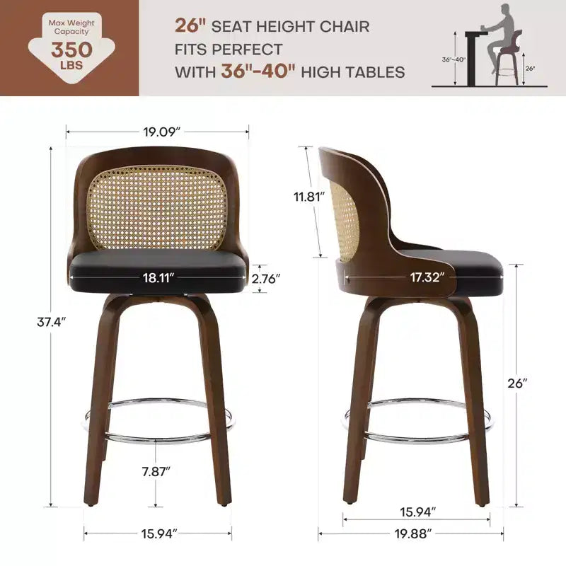 Lot de 2/3/4 tabourets de bar pivotants Bekrvio 26 avec dossier en rotin et pieds en bois courbé, tabourets de bar à hauteur de comptoir rembourrés en similicuir pour îlot de cuisine