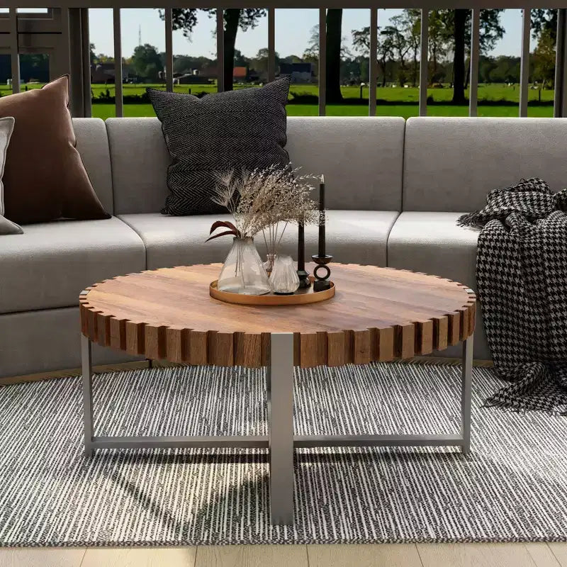 JVNOXK 31.4'' living room circular coffee table, modern natural wood grain handmade drum shaped coffee table, wooden Felief coffee table