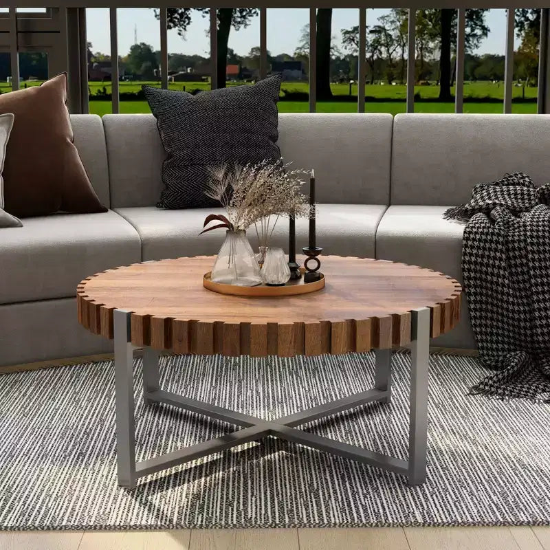 Table basse ronde JVNOXK 31,4'', table basse circulaire moderne en grain de bois naturel faite à la main, table basse en bois Felief