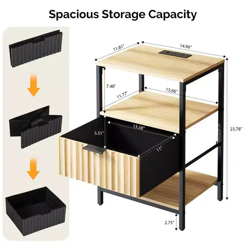 Table de Chevet Karl Home de 38 cm de Large - 1 Tiroir, 2 Étagères, Prise Électrique US - lot de 2