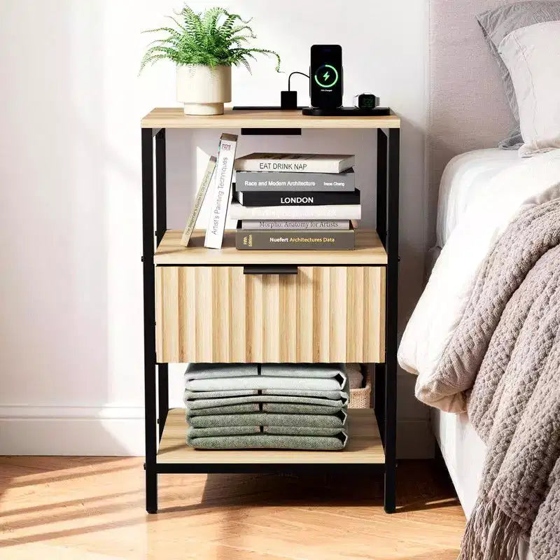 Table de Chevet Karl Home de 38 cm de Large - 1 Tiroir, 2 Étagères, Prise Électrique US - lot de 2