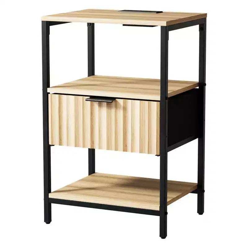 Table de Chevet Karl Home de 38 cm de Large - 1 Tiroir, 2 Étagères, Prise Électrique US - lot de 2