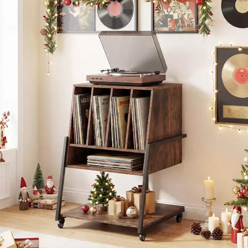 Meuble pour tourne-disque Costway avec station de charge, organisateur de rangement pour disques vinyles, marron rustique/noir