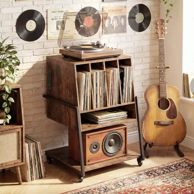 Meuble pour tourne-disque Costway avec station de charge, organisateur de rangement pour disques vinyles, marron rustique/noir