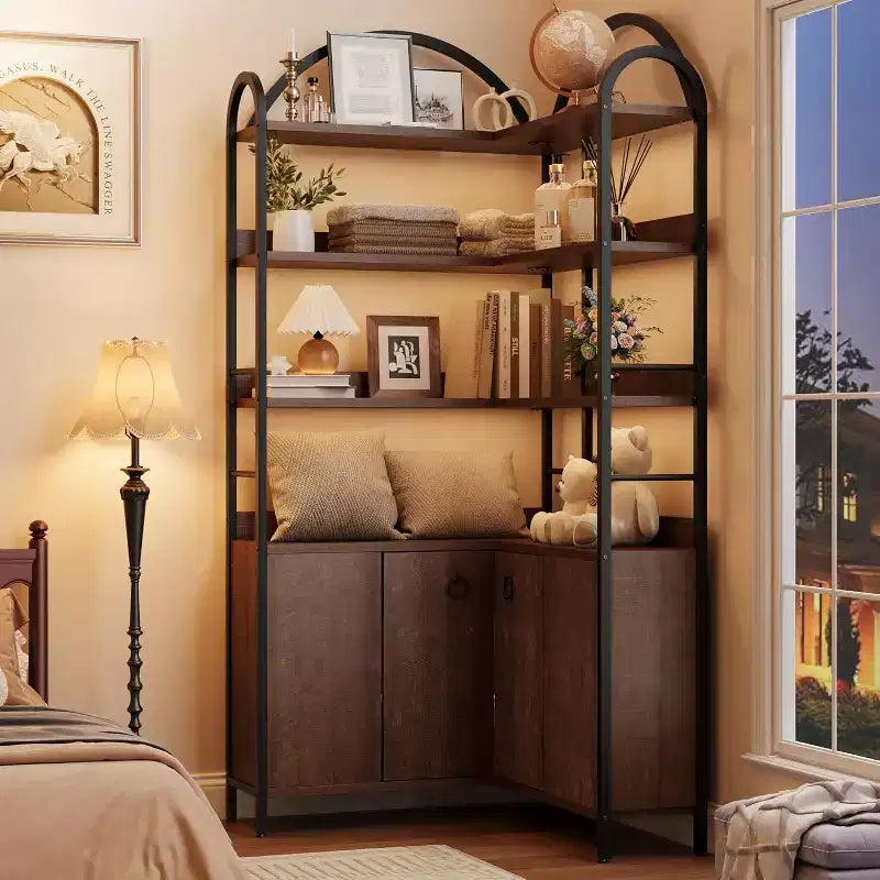 Étagère d'angle en forme de L à 6 niveaux de 188 cm de haut avec armoire, bibliothèque de rangement rustique avec portes pour salon et bureau à domicile, marron