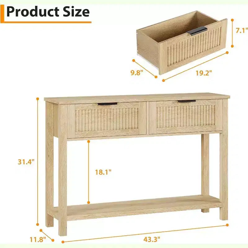 Table console cannelée moderne Acekool avec 2 tiroirs Table de canapé étroite pour entrée avec étagère de rangement pour salon, couloir, hall d'entrée Burlywood