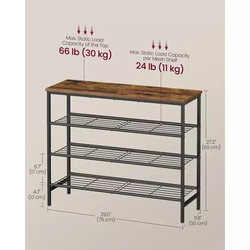 VASAGLE Meuble à chaussures, Étagère de rangement pour chaussures de placard, Étagère de rangement en métal sur pied, 4 niveaux, pour 12-16 paires, Marron rustique et Noir encre