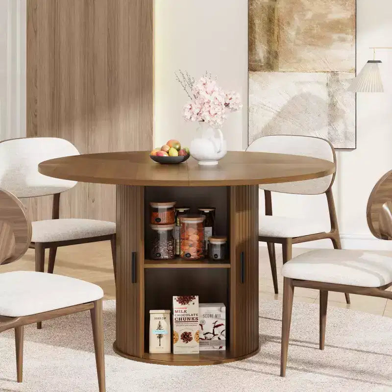 Table de salle à manger ronde de 119 cm pour 4 personnes, table de cuisine moderne avec étagère de rangement à 2 niveaux et porte coulissante en bois, meuble gain de place pour la maison