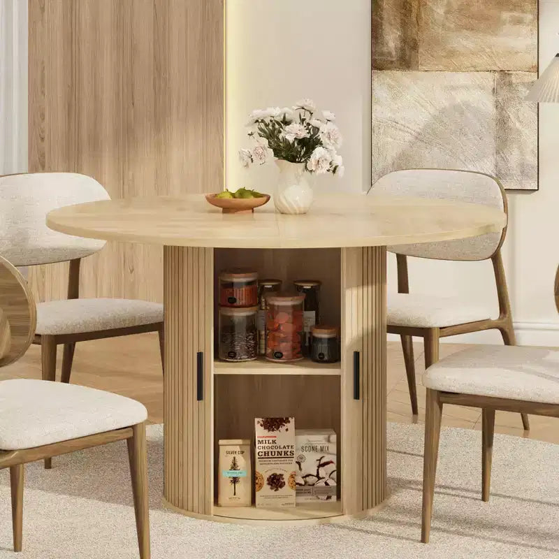 Table de salle à manger ronde de 119 cm pour 4 personnes, table de cuisine moderne avec étagère de rangement à 2 niveaux et porte coulissante en bois, meuble gain de place pour la maison