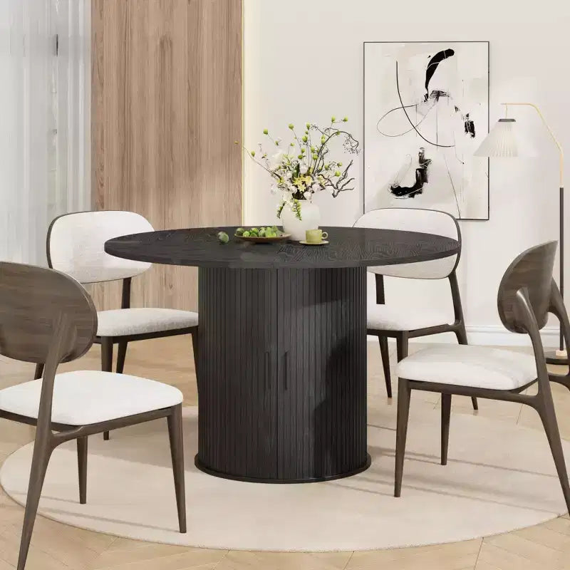 Table de salle à manger ronde de 119 cm pour 4 personnes, table de cuisine moderne avec étagère de rangement à 2 niveaux et porte coulissante en bois, meuble gain de place pour la maison