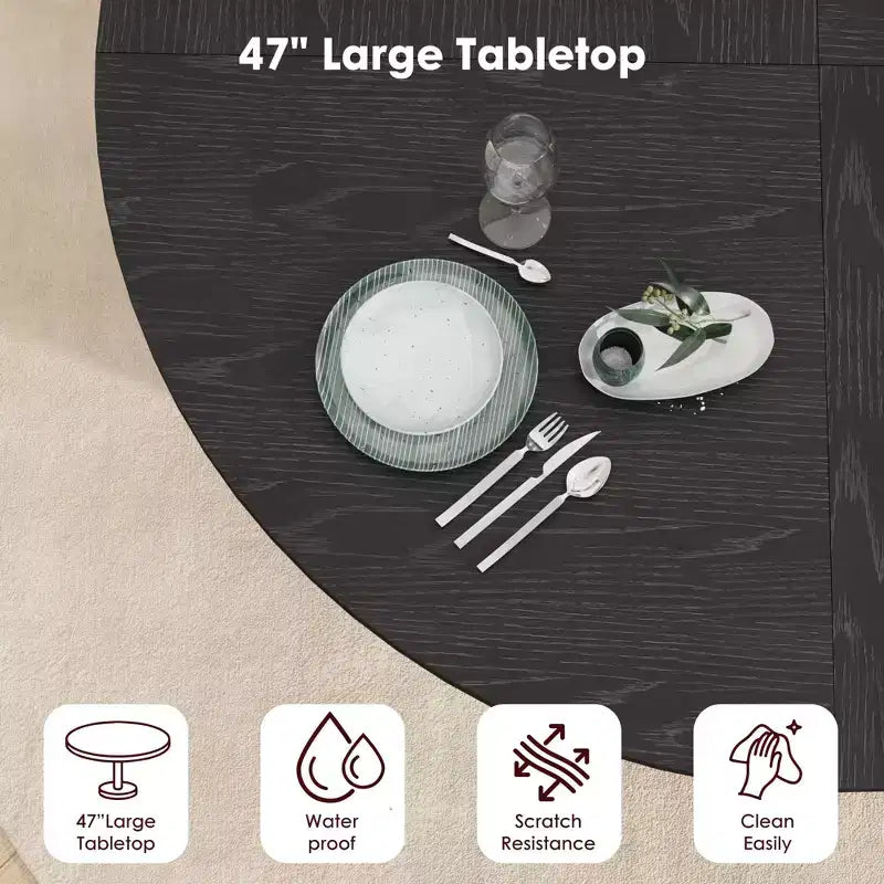 Table de salle à manger ronde de 119 cm pour 4 personnes, table de cuisine moderne avec étagère de rangement à 2 niveaux et porte coulissante en bois, meuble gain de place pour la maison
