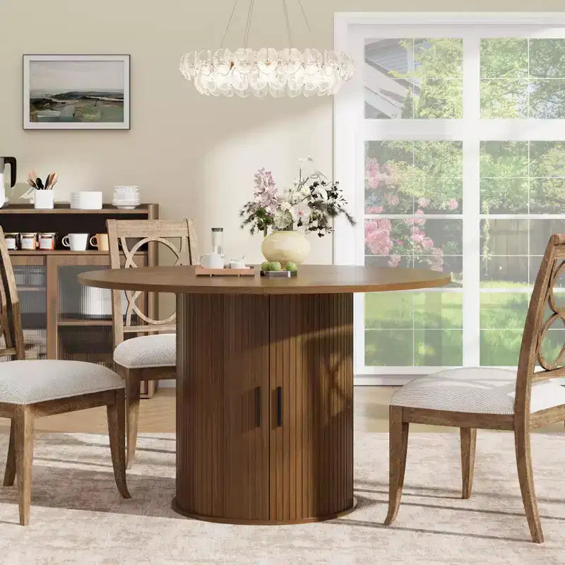 Table de salle à manger ronde de 119 cm pour 4 personnes, table de cuisine moderne avec étagère de rangement à 2 niveaux et porte coulissante en bois, meuble gain de place pour la maison
