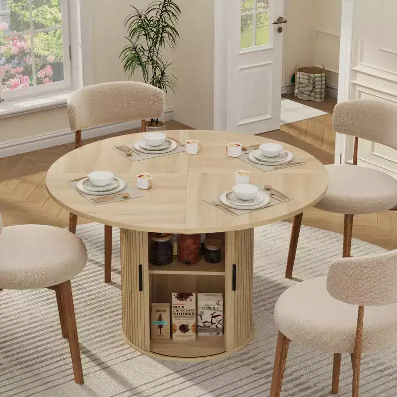 Table de salle à manger ronde de 119 cm pour 4 personnes, table de cuisine moderne avec étagère de rangement à 2 niveaux et porte coulissante en bois, meuble gain de place pour la maison