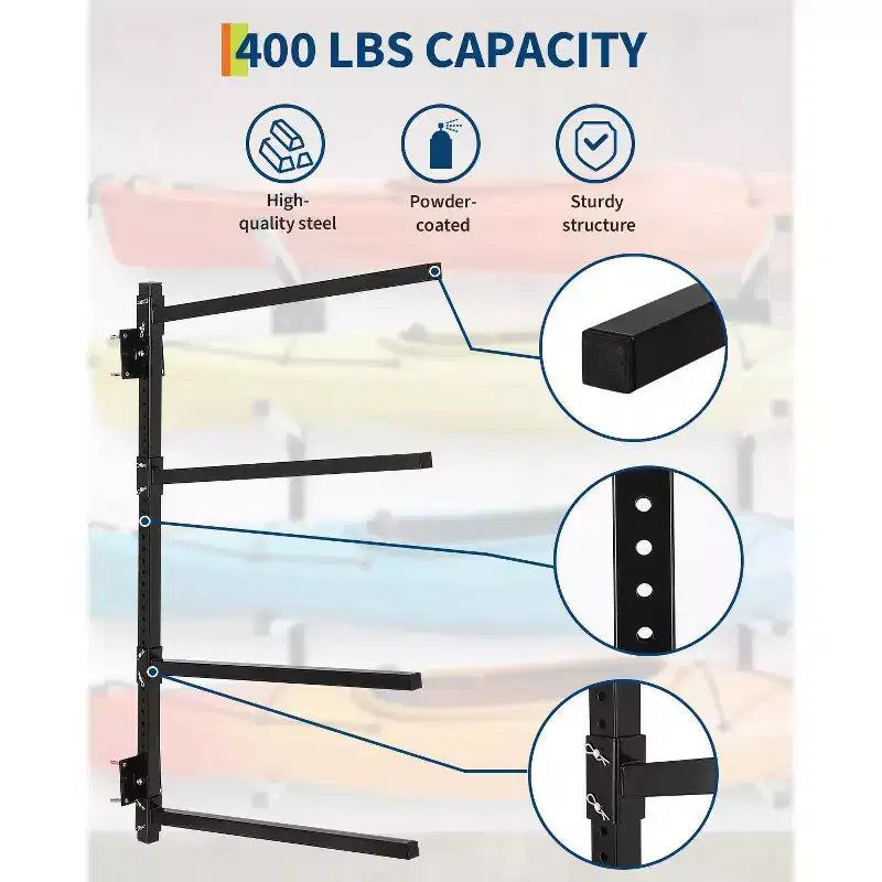 Porte-Kayak Mural Réglable Haute Résistance - Support Mural en Métal pour 4 Kayaks, Canots, Paddle Boards et Planches de Surf - Capacité de Charge 180 kg - Organisateur