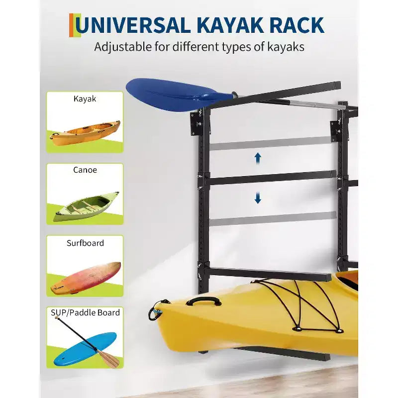 Porte-Kayak Mural Réglable Haute Résistance - Support Mural en Métal pour 4 Kayaks, Canots, Paddle Boards et Planches de Surf - Capacité de Charge 180 kg - Organisateur
