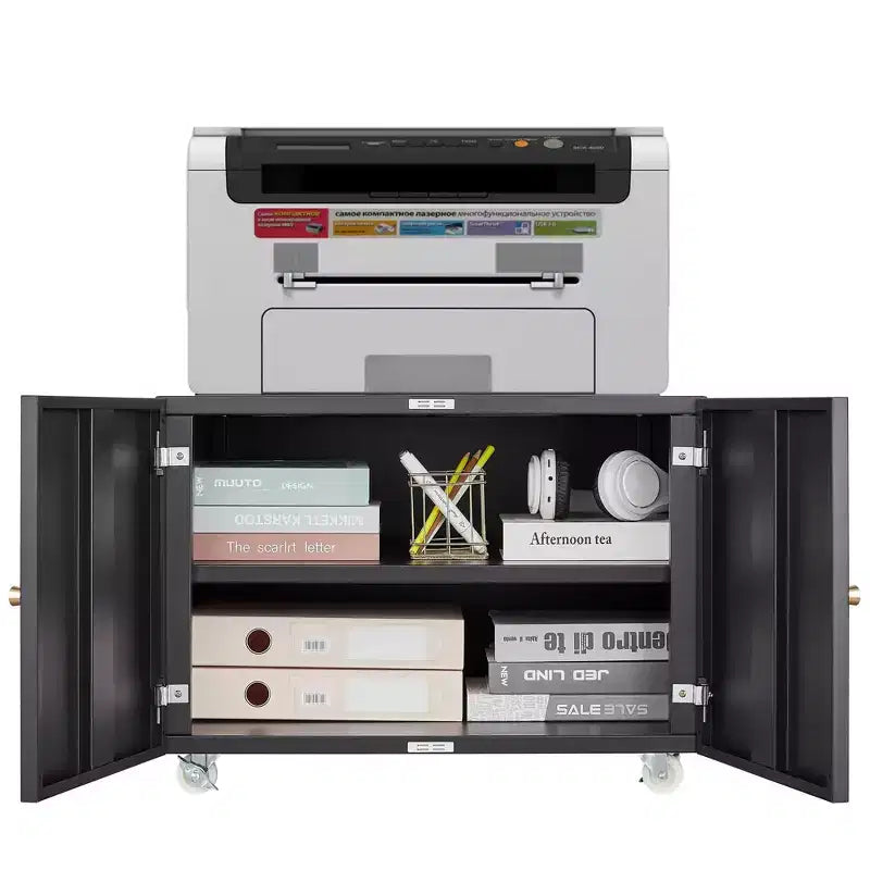 Support d'imprimante robuste sur roulettes, table sous bureau avec portes doubles et armoire de rangement à étagère réglable pour la maison et le bureau