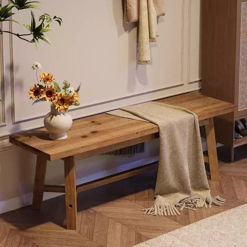 Banc Lantine 55 en bois massif, banc long de style rustique pour entrée, salle à manger, salon, bois massif, marron rustique