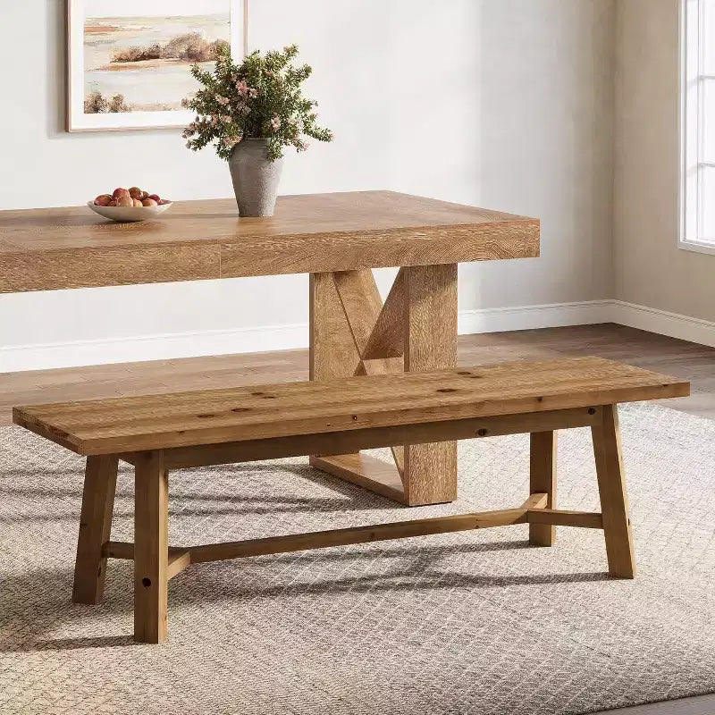 Banc Lantine 55 en bois massif, banc long de style rustique pour entrée, salle à manger, salon, bois massif, marron rustique
