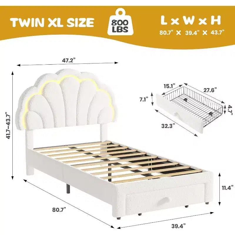 Cadre de lit LED capitonné GuatoWave avec tête de lit chic réglable et tiroir de rangement