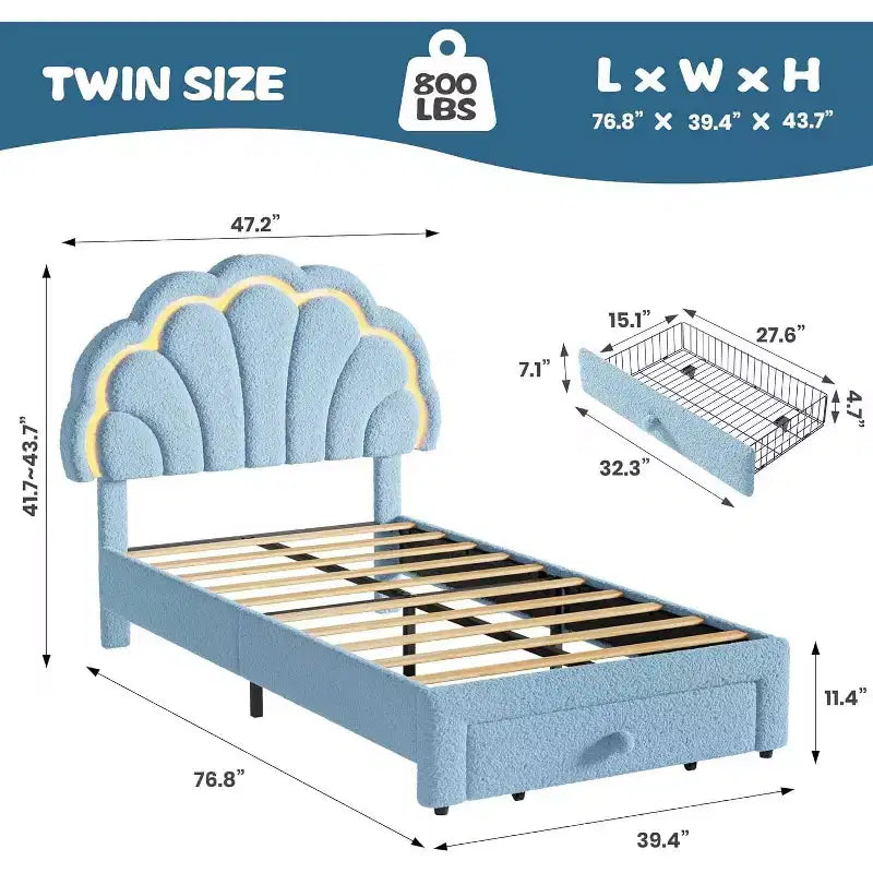 Cadre de lit LED capitonné GuatoWave avec tête de lit chic réglable et tiroir de rangement