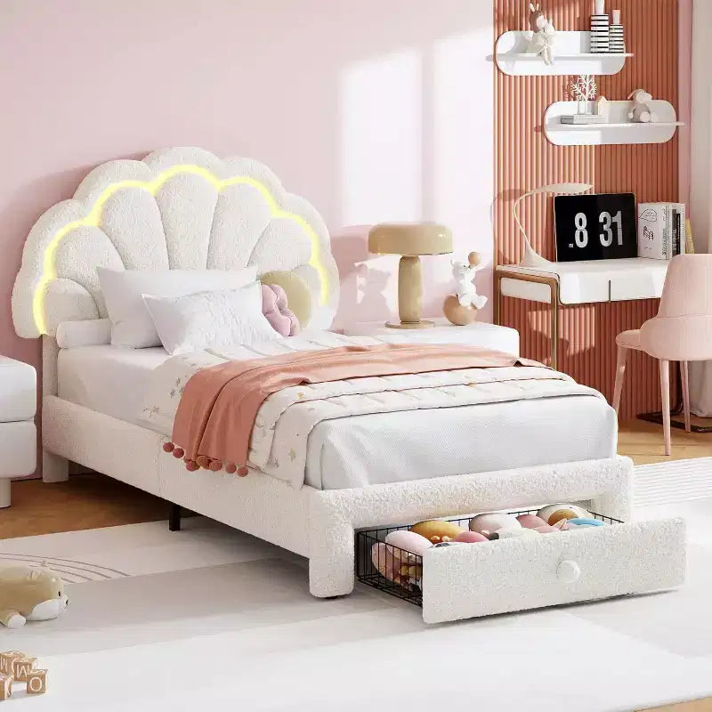 Cadre de lit LED capitonné GuatoWave avec tête de lit chic réglable et tiroir de rangement
