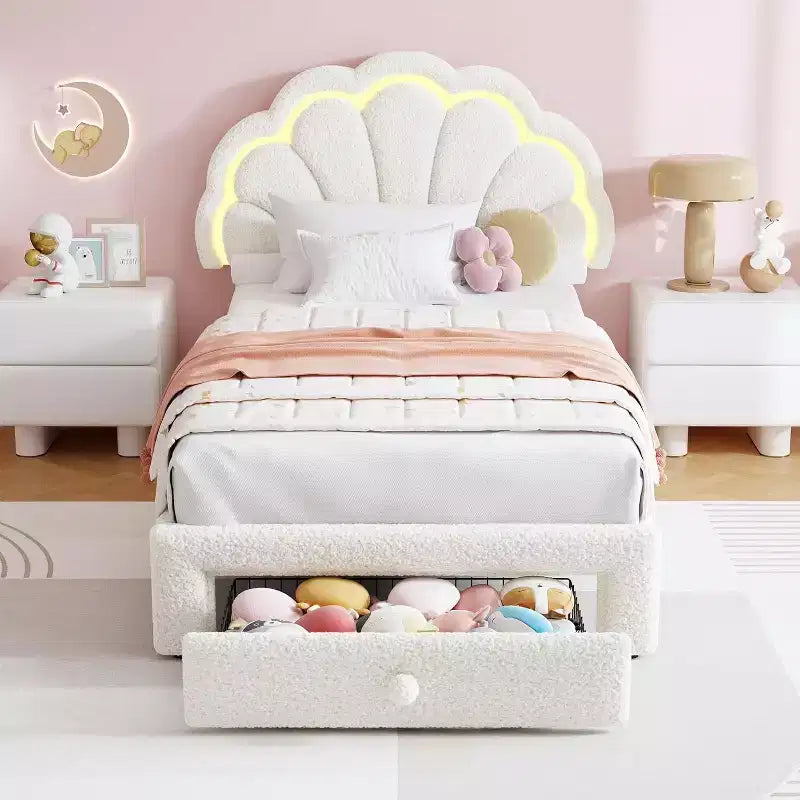 Cadre de lit LED capitonné GuatoWave avec tête de lit chic réglable et tiroir de rangement