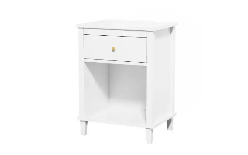 Table de chevet en bois de 68 cm de haut avec un tiroir et une étagère pour enfants et adultes, blanc + poignée dorée