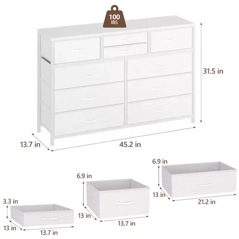 Commode en tissu à 10 tiroirs pour chambre à coucher, commode moderne de 114 cm de large avec cadre en acier et plateau en bois, grand organisateur de rangement avec bacs en tissu