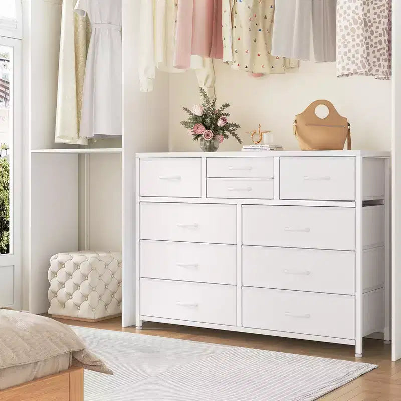 Commode en tissu à 10 tiroirs pour chambre à coucher, commode moderne de 114 cm de large avec cadre en acier et plateau en bois, grand organisateur de rangement avec bacs en tissu