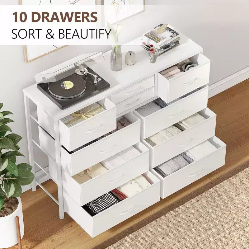 Commode en tissu à 10 tiroirs pour chambre à coucher, commode moderne de 114 cm de large avec cadre en acier et plateau en bois, grand organisateur de rangement avec bacs en tissu