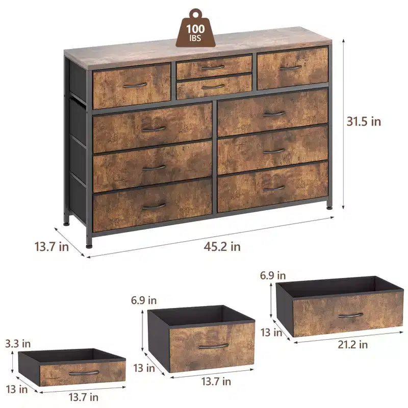 Commode en tissu à 10 tiroirs pour chambre à coucher, commode moderne de 114 cm de large avec cadre en acier et plateau en bois, grand organisateur de rangement avec bacs en tissu