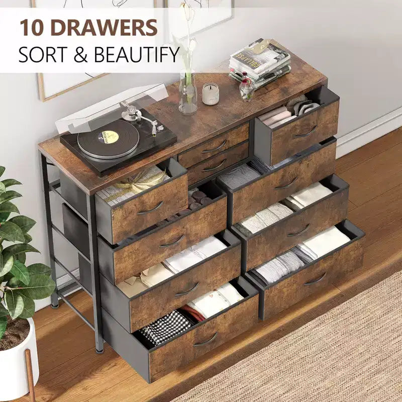 Commode en tissu à 10 tiroirs pour chambre à coucher, commode moderne de 114 cm de large avec cadre en acier et plateau en bois, grand organisateur de rangement avec bacs en tissu