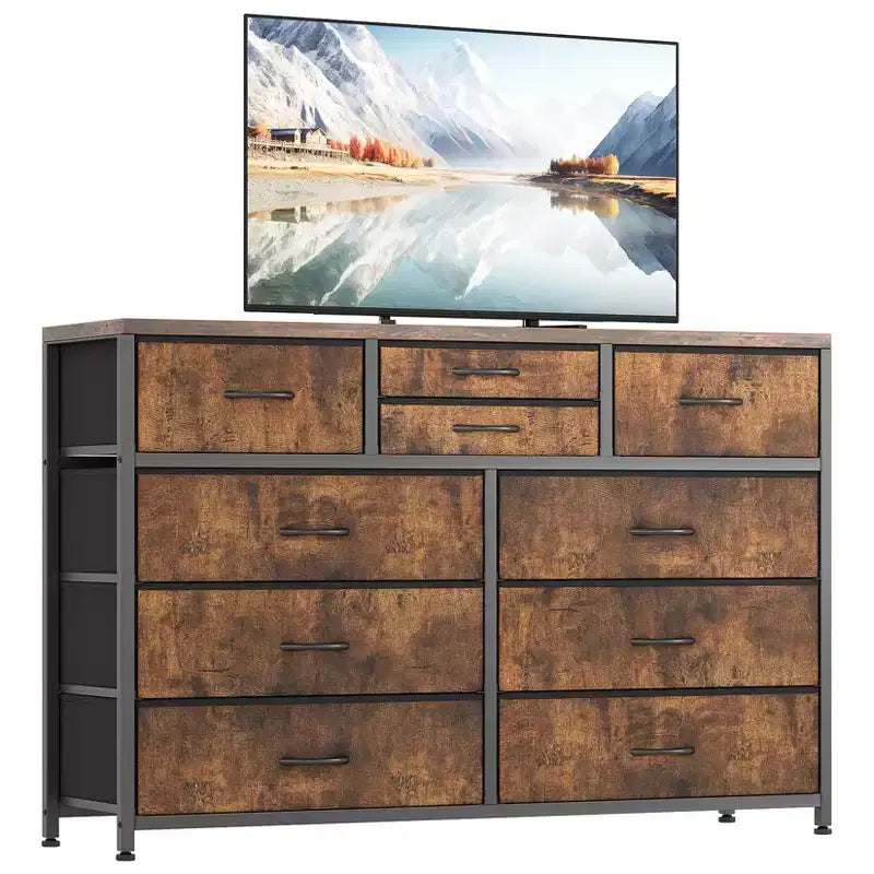 Commode en tissu à 10 tiroirs pour chambre à coucher, commode moderne de 114 cm de large avec cadre en acier et plateau en bois, grand organisateur de rangement avec bacs en tissu