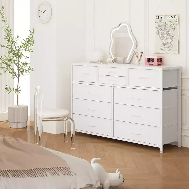 Commode en tissu à 10 tiroirs pour chambre à coucher, commode moderne de 114 cm de large avec cadre en acier et plateau en bois, grand organisateur de rangement avec bacs en tissu
