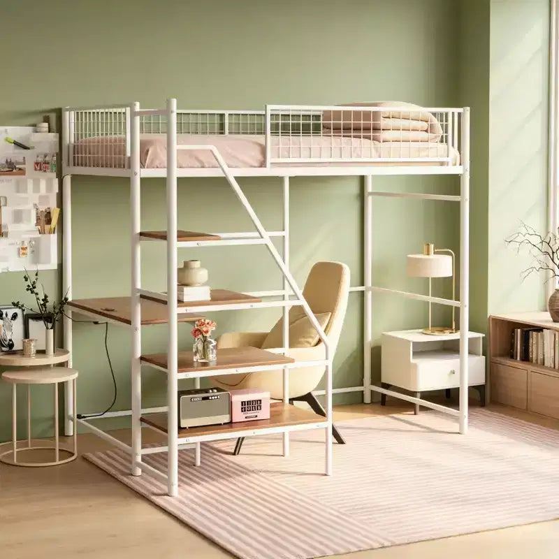 Lit mezzanine Luxystar en métal avec bureau intégré, étagères de rangement et éclairage pour chambre et dortoir,