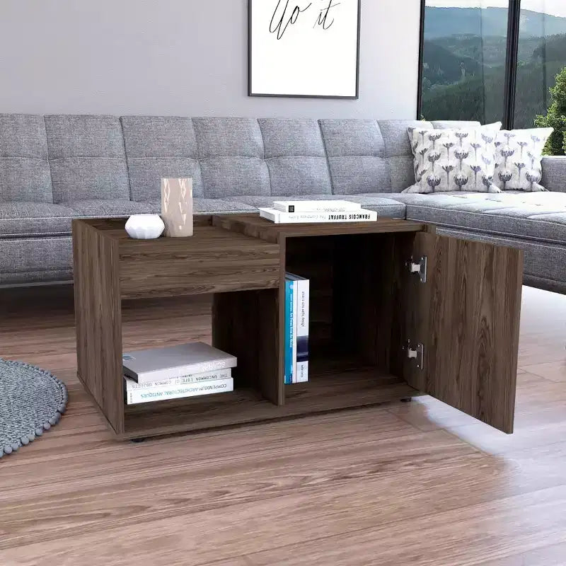 Coffee Table Dext Dark Walnut Finish, Single Door Cabinet One Open Shelf Superior Top Durable Living Room Table