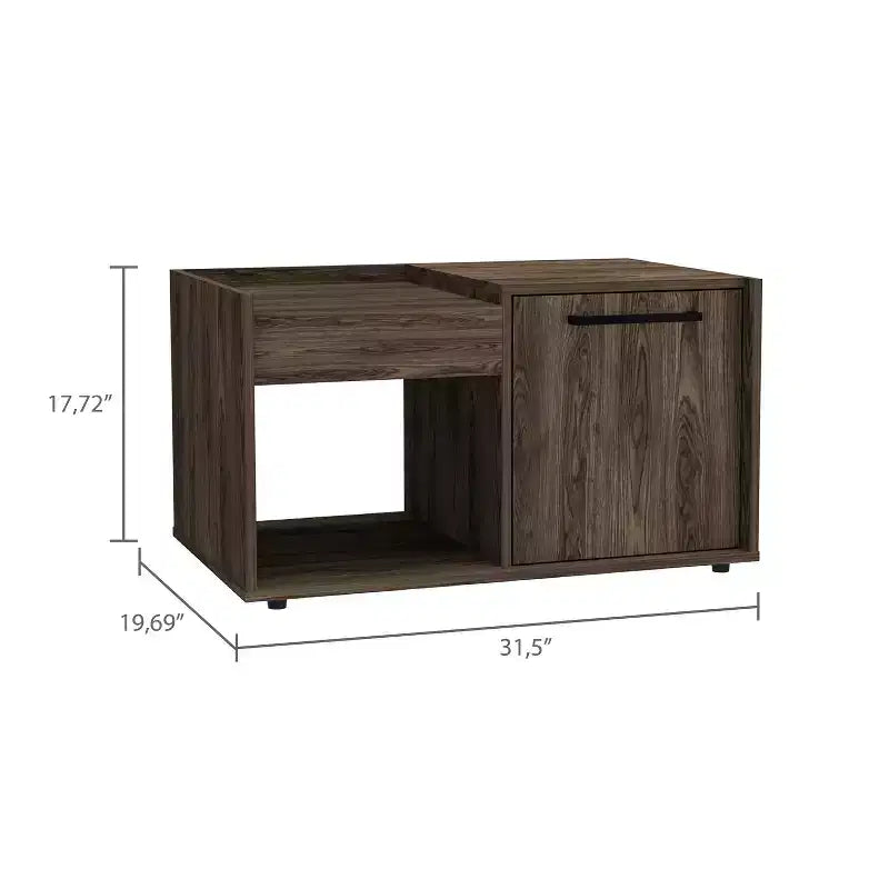 Table basse Dext, finition noyer foncé, meuble à une porte, une étagère ouverte, plateau supérieur, table de salon durable